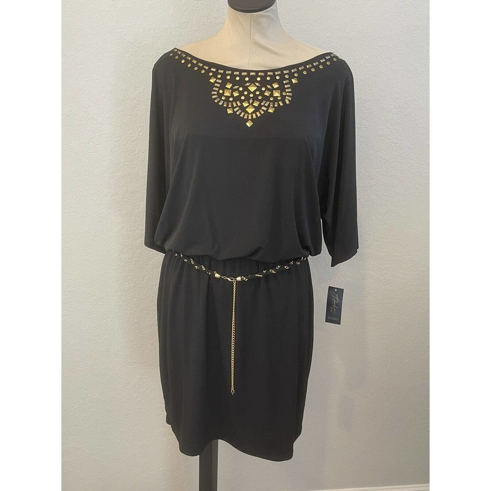 Thalia Sodi Dress Large Black Studded Belted Slit Sleeves Sheath Womens NWT